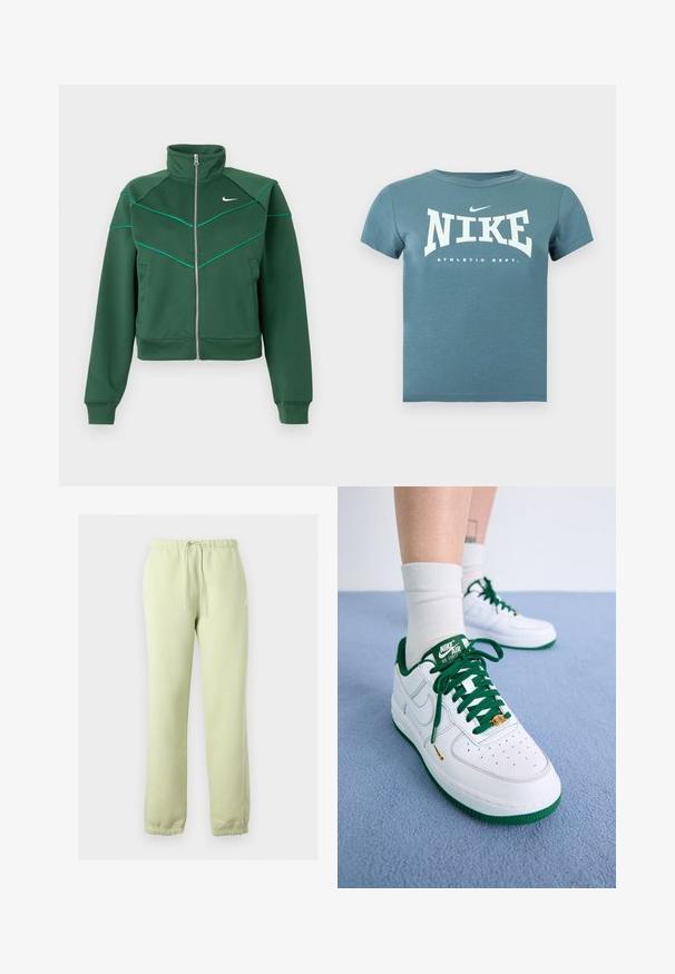 Tmavozelená Nike bunda na zips s vysokým golierom, dlhými rukávmi, bočnými vreckami a svetlo tyrkysovými detalmi na hrudi a ramenách.; Krátke tričko Nike v tyrkysovej farbe s bielym nápisom „NIKE ATHLETIC DEPT.“ a malým logom swoosh na hrudi, zobrazené na jednoduchom pozadí.; Svetlozelené tepláky s elastickým pásom a manžetami, bočnými vreckami, šnúrkou a malým bielym logom na pravom boku.; Biele kožené tenisky Nike Air Force 1 s zelenými akcentmi, šnúrkami a podrážkou; s perforovanou špičkou a zlatým detailom v oblasti šnúrok.