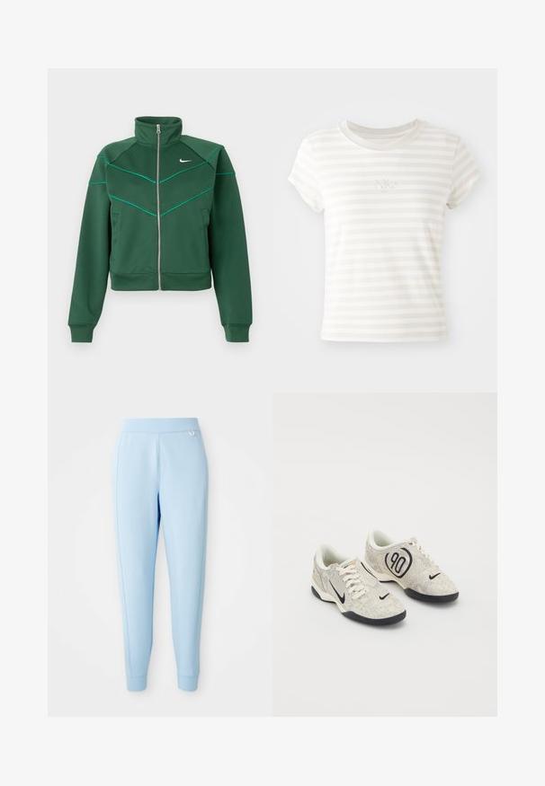 Tummanvihreä Nike vetoketjullinen takki, jossa on korkea kaulus, pitkät hihat, sivutaskut ja vaaleansinistä tehosteväritystä rinnassa ja olkapäillä.; Valkoisiruudullinen lyhythihainen t-paita, joka on valmistettu pehmeästä puuvillasta. Siinä on pyöreä kaula-aukko ja pieni brodeerattu Nike-logo rinnassa.; Valaise vaaleansiniset juoksuhousut, jotka on valmistettu pehmeästä materiaalista. Housuissa on sileä pinta, kapenevat lahkeet ja hienovarainen logoväri sivussa.; Nike lenkkarit, joissa on beigen ja harmaan sävyinen teksturoitu päällinen, mustia yksityiskohtia, suuri "90" logo ja valkoinen nauhakiinnitys. Musta pohja.