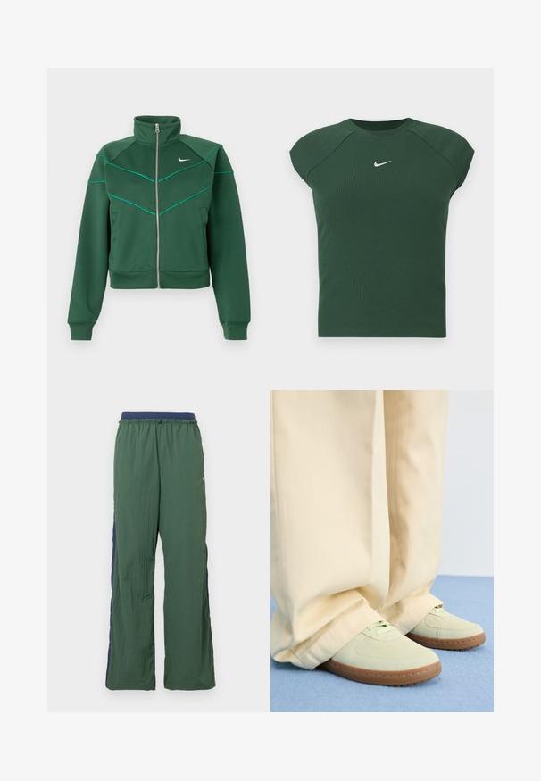 Chaqueta Nike de color verde oscuro con cremallera, cuello alto, mangas largas, bolsillos laterales y detalle de ribete en color azul claro en el pecho y los hombros.; Top atlético de manga corta en verde oscuro con textura acanalada y cuello redondo, que presenta un pequeño logotipo de Nike en blanco en el pecho.; Pantalones deportivos verdes con diseño de pierna ancha, con una cintura y un panel lateral en azul marino, hechos de tela ligera y texturizada.; Zapatillas de ante verde con puntas redondeadas y suelas texturizadas, combinadas con pantalones anchos beige, sobre una superficie azul.