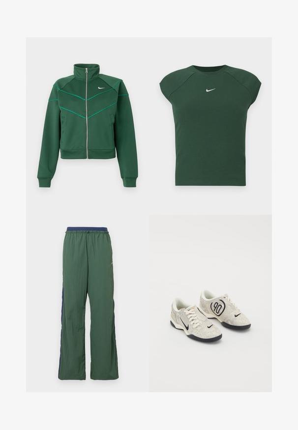 Chaqueta Nike de color verde oscuro con cremallera, cuello alto, mangas largas, bolsillos laterales y detalle de ribete en color azul claro en el pecho y los hombros.; Top atlético de manga corta en verde oscuro con textura acanalada y cuello redondo, que presenta un pequeño logotipo de Nike en blanco en el pecho.; Pantalones deportivos verdes con diseño de pierna ancha, con una cintura y un panel lateral en azul marino, hechos de tela ligera y texturizada.; Zapatillas Nike con un upper texturizado en beige y gris, acentos negros, un gran logo de "90" y un cierre de cordones blancos. Suela negra.