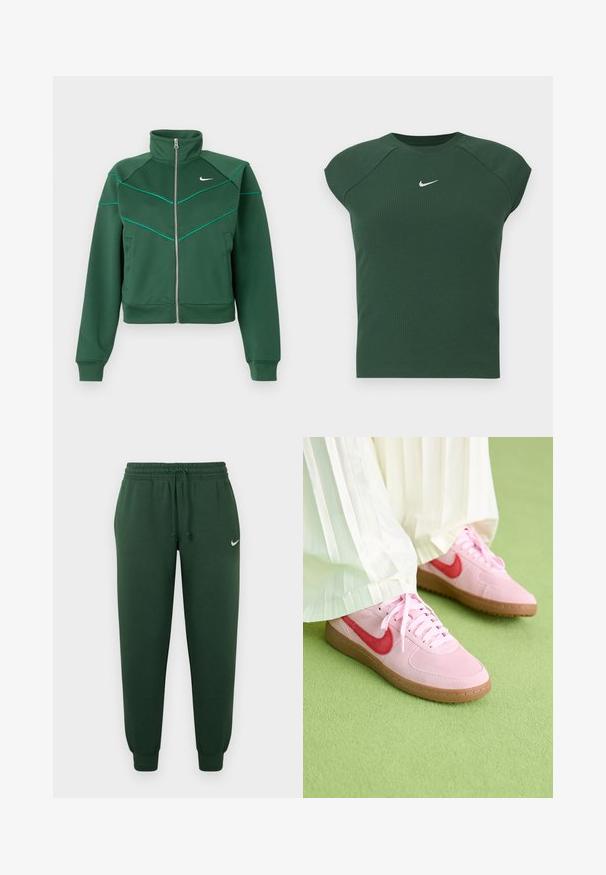 Donkergroene Nike zip-up jacket met hoge kraag, lange mouwen, zijzakken en lichtblauwe pipingdetails op de borst en schouders.; Donkergroen geribbelde sporttop met korte mouwen en ronde hals, voorzien van een klein wit Nike swoosh-logo op de borst.; Groene joggingbroek met een elastische tailleband, trekkoord en geribde enkels. Heeft een klein wit logo op het bovenste linkerbeen.; Roze suède sportschoenen met een rood logo en bijpassende veters. De zool is van lichtbruin rubber. Draag ze met witte geplooide broeken op een groene ondergrond.