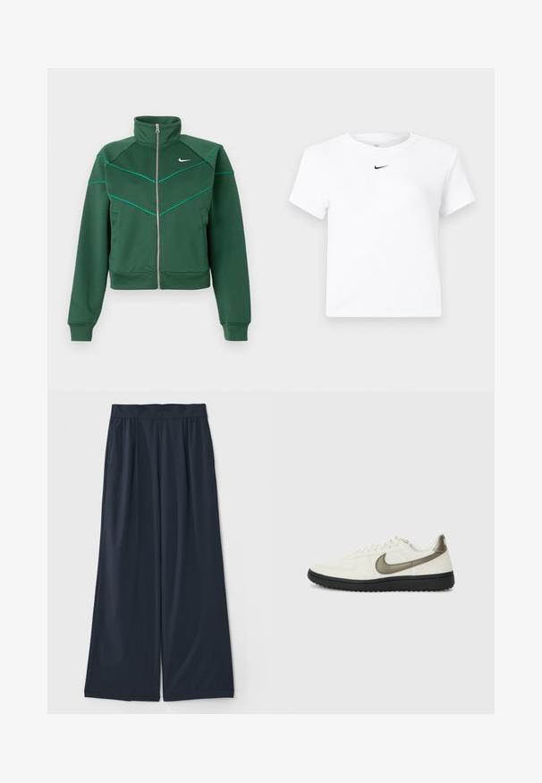 Mørkegrøn Nike zip-up jakke med høj krave, lange ærmer, sidelommer og lys teal pipingdetalje på brystet og skuldrene.; Hvid Nike cropped T-shirt med korte ærmer og en lille sort Nike swoosh-logo centreret under nakkekanten.; Mørkeblå, vide bukser i blødt stof; har en elastisk talje og to sidelommer for bekvemmelighed.; Nike Sportswear FIELD GENERAL - Sneakers - off-white/black