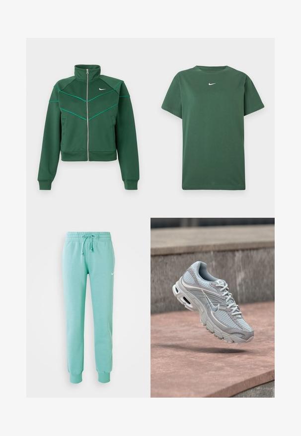 Chaqueta Nike de color verde oscuro con cremallera, cuello alto, mangas largas, bolsillos laterales y detalle de ribete en color azul claro en el pecho y los hombros.; Camiseta verde de Nike de manga corta con pequeño logo en forma de swoosh blanco centrado cerca del escote sobre un fondo blanco.; Pantalones de chándal verde menta con cintura elástica, cordón y puños acanalados. Cuenta con un pequeño logo blanco de Nike en el muslo izquierdo.; Zapatilla de correr Nike en gris claro y blanco con malla y suela acolchada, mostrada en el aire contra un fondo de escalones de concreto.