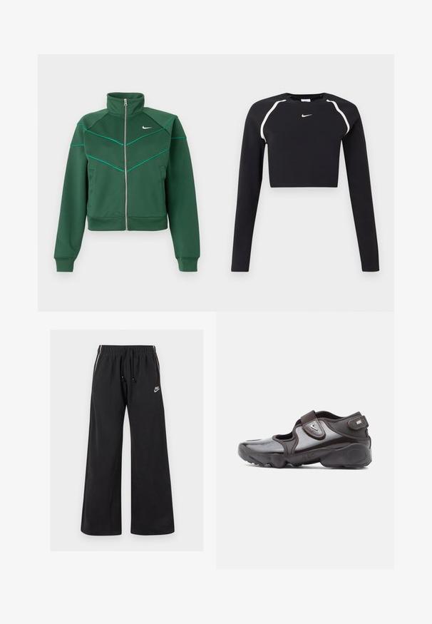 Mørkegrøn Nike zip-up jakke med høj krave, lange ærmer, sidelommer og lys teal pipingdetalje på brystet og skuldrene.; Sort langærmet cropped sports top med hvide buede skulderstriber og lille hvid Nike swoosh-logo i midten af brystet.; Sorte sweatpants lavet af blødt stof, med en elastisk talje og snøre, sidestriber og et lille logo på venstre front.; Mørkebrune sportssko med en blank finish, velcrolukning, rundet tå og en tekstureret sål med polstrede designelementer.