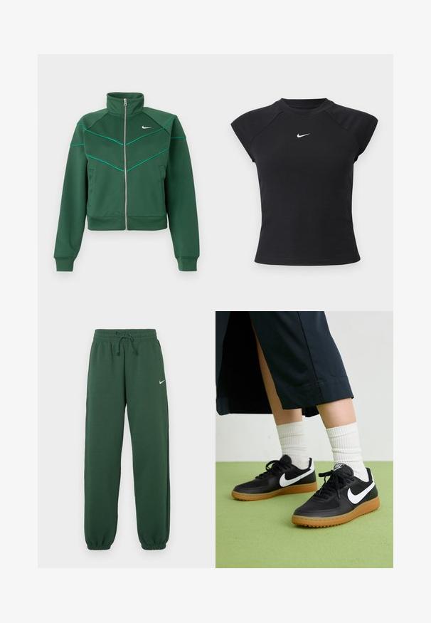 Mørkegrøn Nike zip-up jakke med høj krave, lange ærmer, sidelommer og lys teal pipingdetalje på brystet og skuldrene.; Sort top med korte ærmer i ribbet tekstur, med rund halsudskæring og lille hvid Nike-logo på brystet.; Mørkegrønne joggingbukser lavet af blødt stof med elastisk linning og snøre samt smalle manchetter. Lille hvidt logo foran.; Sorte læder- og syntetiske sneakers med hvid Nike swoosh, gummisål, rund tå og sorte snørebånd. Ribbede hvide sokker synlige.