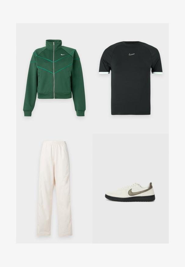 Tmavozelená Nike bunda na zips s vysokým golierom, dlhými rukávmi, bočnými vreckami a svetlo tyrkysovými detalmi na hrudi a ramenách.; Čierne športové tričko z hladkej látky. Má krátke rukávy s bielym lemovaním a malým bielym logom na hrudi.; Voľné nohavice krémovej farby s elastickým pásom a rovnými nohavicami, zobrazené na bielom pozadí.; Nike Sportswear FIELD GENERAL - Tenisky - off-white/black