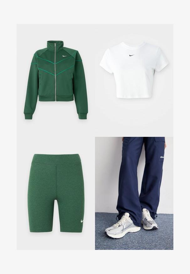Veste zippée Nike vert foncé avec col montant, manches longues, poches latérales et détails de piping teal clair sur la poitrine et les épaules.; T-shirt blanc court en coton, avec des manches courtes et un col rond, orné d'un logo Nike noir sur la poitrine.; Shorts de sport verts en tissu extensible. Conception taille haute avec coutures plates et logo Nike blanc sur la partie inférieure de la jambe gauche.; Baskets de sport Nike avec une tige en maille argentée, des accents blancs et des semelles texturées, associées à un pantalon marine ample.