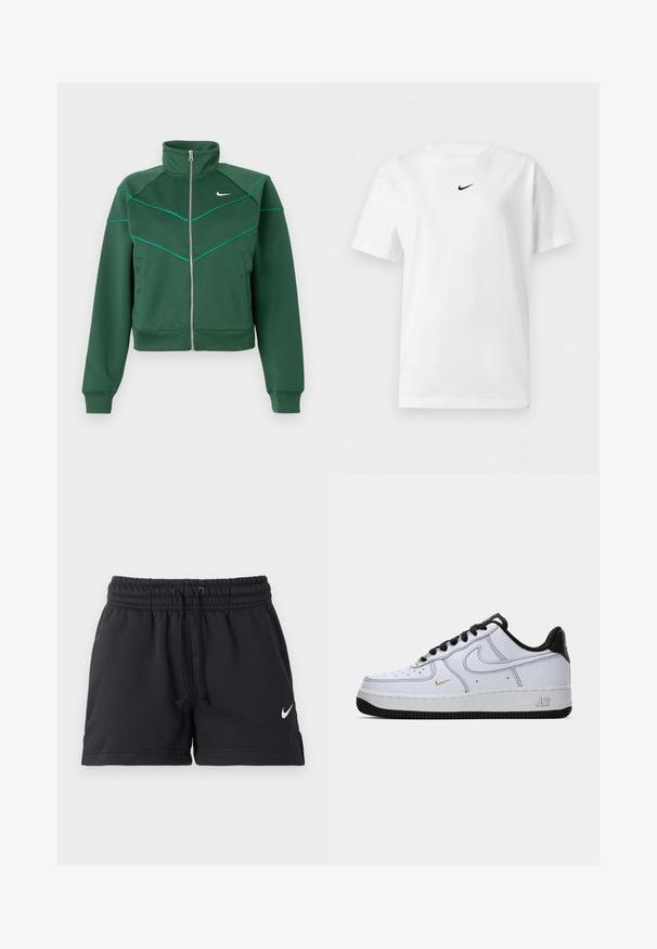 Mørkegrøn Nike zip-up jakke med høj krave, lange ærmer, sidelommer og lys teal pipingdetalje på brystet og skuldrene.; Hvid t-shirt med korte ærmer og rund halsudskæring med et lille sort Nike Swoosh-logo centreret nær kraven.; Sorte Nike sportsshorts med elastik i taljen, snøre, sidelommer og hvid swoosh-logo på venstre ben.; Hvide lav-top Nike Air Force 1 sneakers med sort sål, sorte snørebånd, sort hæl og lille gul swoosh på siden.