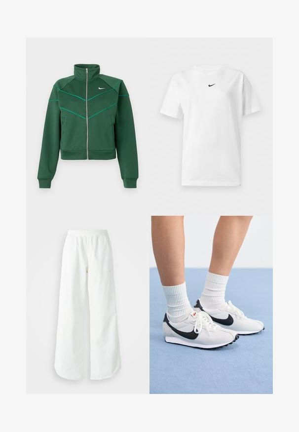 Tmavozelená Nike bunda na zips s vysokým golierom, dlhými rukávmi, bočnými vreckami a svetlo tyrkysovými detalmi na hrudi a ramenách.; Biele tričko s krátkym rukávom a okrúhlym výstrihom s malým čiernym logom Nike Swoosh umiestneným v strede blízko goliera.; Biele široké športové nohavice s ribbovaným pásom a jemným logom. Hladká tkanina s uvoľneným strihom a zúženým lemom.; Biele sieťované tenisky s čiernymi akcentmi, okrúhlou špičkou a plochou gumovou podrážkou. V kombinácii s rebrovými bielymi ponožkami.