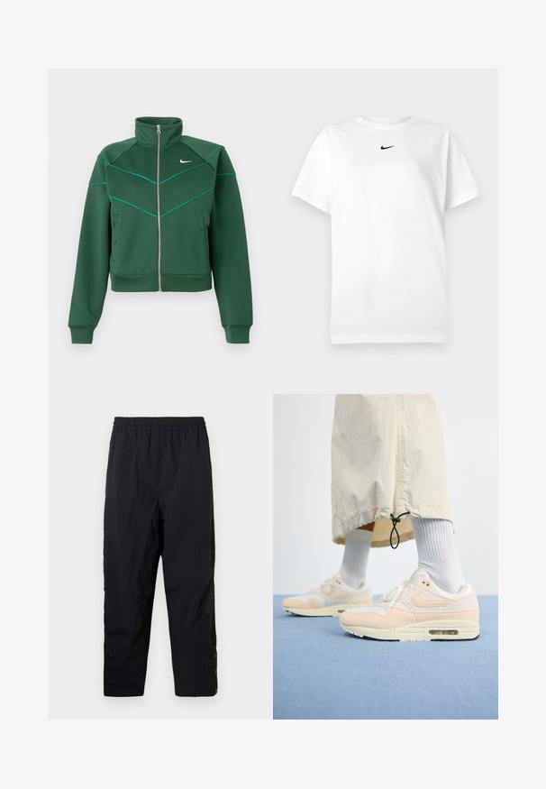 Tummanvihreä Nike vetoketjullinen takki, jossa on korkea kaulus, pitkät hihat, sivutaskut ja vaaleansinistä tehosteväritystä rinnassa ja olkapäillä.; Valkoinen lyhythihainen pyöreäkauluksinen T-paita, jossa pieni musta Nike-ruoska-logo keskitettynä kaula-aukon alle.; Musta joustava vyötärö casual-housut suoran lahkeiden ja napitusnappien kanssa nilkoissa, valkoista taustaa vasten.; Keve Nike Air Max 1 tennarit esittelevät valkoista ja pehmeän persikkaista yläosaa, jossa on verkko- ja nahkamateriaaleja, näkyvän ilmayksikön sekä tekstuurin omaava pohja.