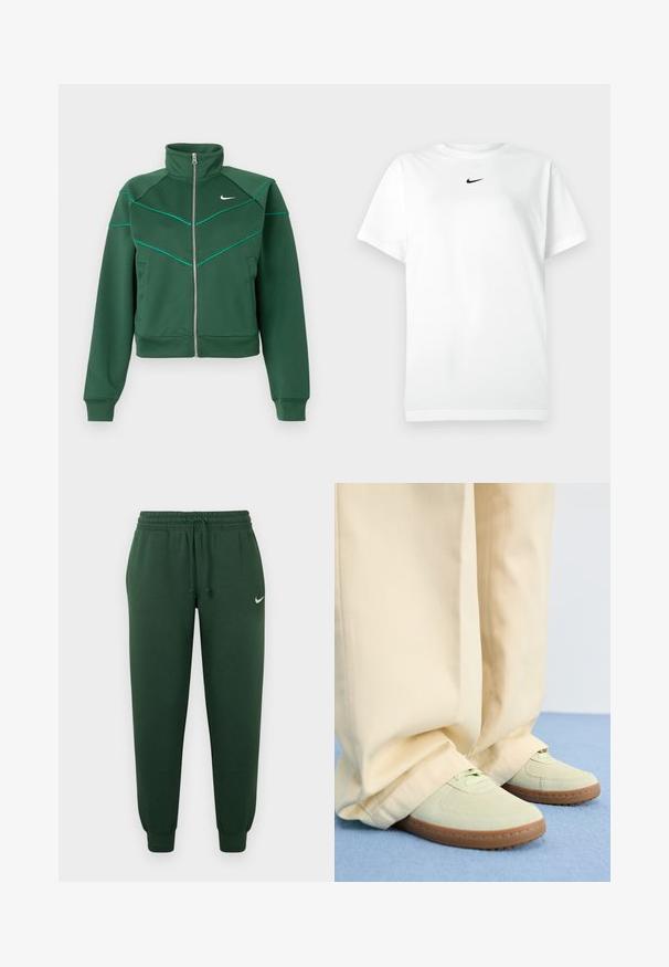 Dunkelgrüne Nike Zip-Jacke mit hohem Kragen, langen Ärmeln, seitlichen Taschen und hellblauen Paspeldetails auf der Brust und den Schultern.; Weißes T-Shirt mit kurzen Ärmeln und Rundhalsausschnitt, mit kleinem schwarzen Nike-Swoosh-Logo, das zentriert unter dem Halsausschnitt platziert ist.; Grüne Jogginghose mit elastischem Bund, Kordelzug und Bündchen an den Knöcheln. Mit einem kleinen weißen Logo auf dem oberen linken Bein ausgestattet.; Grüne Wildledersneaker mit runden Zehen und strukturierten Sohlen, kombiniert mit weiten beigen Hosen, auf einer blauen Fläche.