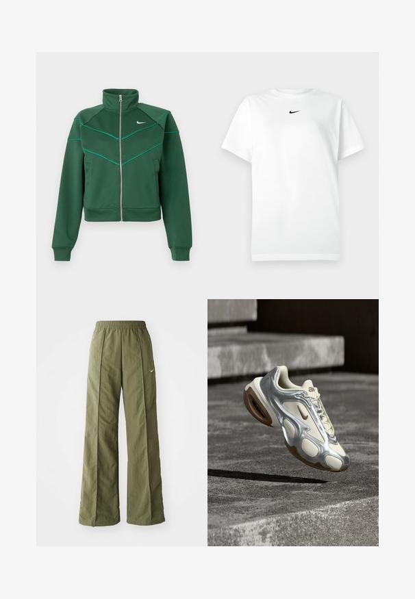 Tummanvihreä Nike vetoketjullinen takki, jossa on korkea kaulus, pitkät hihat, sivutaskut ja vaaleansinistä tehosteväritystä rinnassa ja olkapäillä.; Valkoinen lyhythihainen pyöreäkauluksinen T-paita, jossa pieni musta Nike-ruoska-logo keskitettynä kaula-aukon alle.; Vihreä oliivinvärinen leveälahkeinen housut, jotka on valmistettu kevyestä kankaasta. Housuissa on joustava vyötärö ja edessä pieni valkoinen logo.; Kermanvärinen ja metallinhohtoinen hopeanvärinen urheilutossu, joka leijuu betonisten portaiden yläpuolella, ruskeilla kumipohjilla ja Nike-logo.