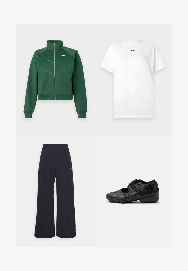 Veste zippée Nike vert foncé avec col montant, manches longues, poches latérales et détails de piping teal clair sur la poitrine et les épaules.; T-shirt blanc à manches courtes avec col ras du cou, portant un petit logo Nike en forme de swoosh noir centré sous le col.; Pantalons larges noirs avec une taille élastique et un petit logo Nike blanc. Le tissu a une texture lisse, conçu pour le confort et un style décontracté.; Sandale de sport noire avec bout fermé, brides Velcro au médio-pied et au talon, et semelle épaisse et rembourrée marquée "AIR" sur le côté.