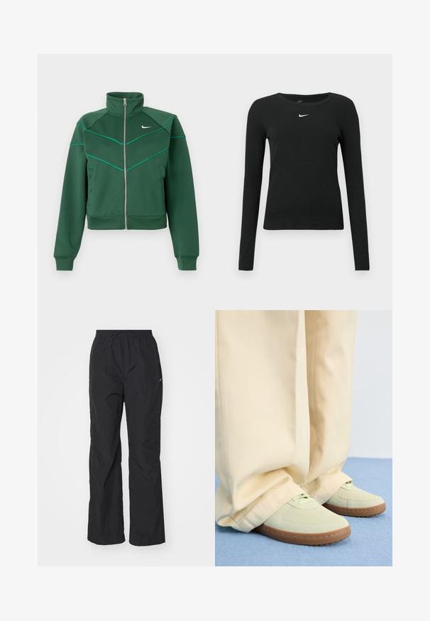 Tmavozelená Nike bunda na zips s vysokým golierom, dlhými rukávmi, bočnými vreckami a svetlo tyrkysovými detalmi na hrudi a ramenách.; Čierne priliehavé tričko s dlhým rukávom z rebrovanej látky, s okrúhlym výstrihom a jemným bielym logom Nike na hrudi.; Čierne, ľahké nohavice s elastickým pásom a šnúrkou. Majú textúrovaný povrch a malú reflexnú nášivku na boku.; Zelené semišové tenisky s okrúlymi špičkami a textúrovanými podrážkami, v kombinácii so širokými béžovými nohavicami, na modrom povrchu.