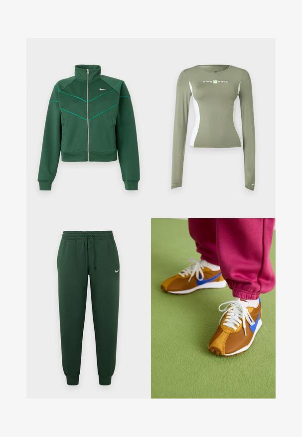Dunkelgrüne Nike Zip-Jacke mit hohem Kragen, langen Ärmeln, seitlichen Taschen und hellblauen Paspeldetails auf der Brust und den Schultern.; Olivgrünes Nike Shox Langarmshirt mit weißen Seitenteilen und neongrünen Akzenten, figurnahe Passform und kleinem Swoosh-Logo am Ärmelbündchen.; Grüne Jogginghose mit elastischem Bund, Kordelzug und Bündchen an den Knöcheln. Mit einem kleinen weißen Logo auf dem oberen linken Bein ausgestattet.; Braune und blaue Sneakers aus einer Mischung aus Mesh- und Wildledermaterialien, versehen mit weißen Schnürsenkeln und einer strukturierten braunen Sohle, die auf grünem Boden platziert sind.