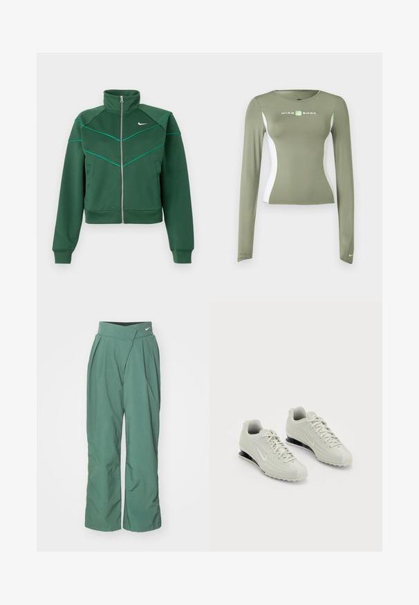 Chaqueta Nike de color verde oscuro con cremallera, cuello alto, mangas largas, bolsillos laterales y detalle de ribete en color azul claro en el pecho y los hombros.; Camiseta de manga larga Nike Shox en verde oliva con paneles laterales blancos y detalles en verde neón, corte ajustado y pequeño logo de swoosh en el puño de la manga.; Nike Sportswear TROUSER - Pantalones - vintage green/light army; Zapatillas Nike blancas con una parte superior texturizada, que presentan una puntera lisa y detalles de amortiguación negros. Estilo de cordones con un talón reforzado.