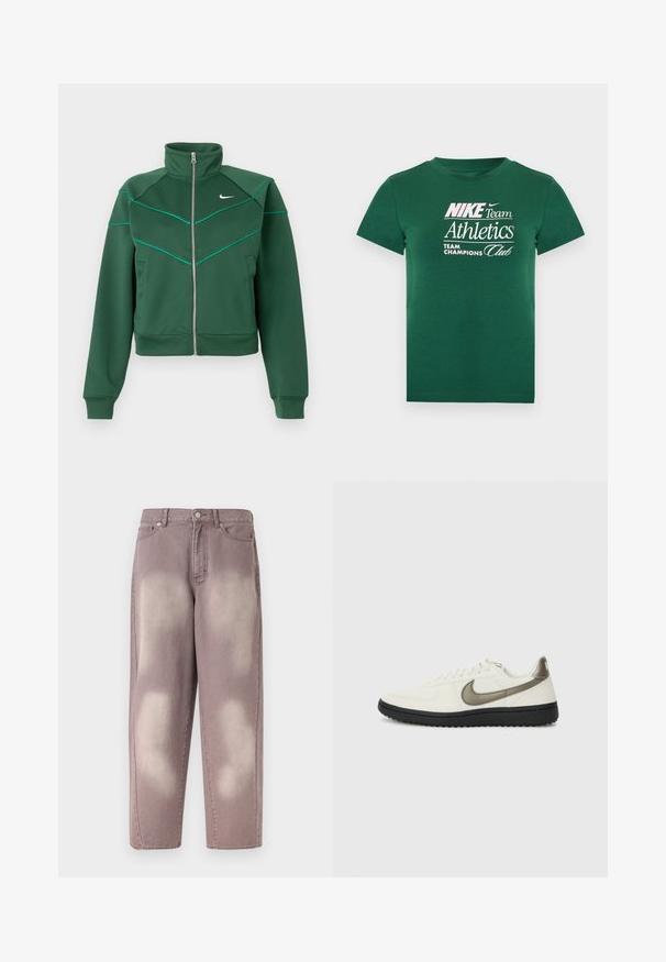 Σκούρο πράσινο φούτερ Nike με φερμουάρ, ψηλό γιακά, μακριά μανίκια, πλαϊνές τσέπες και ανοιχτό τιρκουάζ λεπτομέρειες στην περιοχή του στήθους και στους ώμους.; Πράσινο κοντομάνικο T-shirt με λευκό κείμενο «Nike Team Athletics Team Champions Club» και μικρό λογότυπο Nike Swoosh στο στήθος.; Παντελόνι τζιν μωβ ξεθωριασμένο με ψηλή μέση, κούμπωμα με κουμπιά και δύο εμπρόσθιες τσέπες, σε απλό φόντο.; Nike Sportswear FIELD GENERAL - Αθλητικά παπούτσια - off-white/black