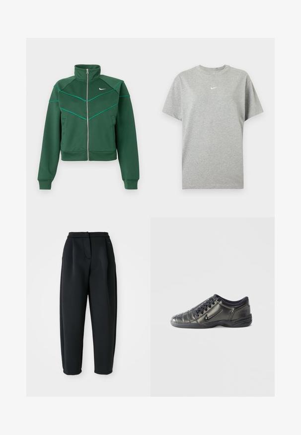 Chaqueta Nike de color verde oscuro con cremallera, cuello alto, mangas largas, bolsillos laterales y detalle de ribete en color azul claro en el pecho y los hombros.; Camiseta gris de algodón de manga corta con cuello redondo y pequeño logo blanco de Nike swoosh centrado en el pecho.; Pantalones negros hechos de una tela suave, con una cinturilla ajustada, frente con pliegues y pierna entallada con dobladillos.}}; Zapatilla negra de caña baja de Nike con cordones, detalles de costura y suela texturizada sobre un fondo blanco liso.
