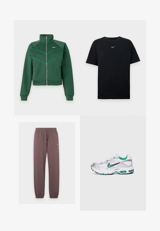 Tmavozelená Nike bunda na zips s vysokým golierom, dlhými rukávmi, bočnými vreckami a svetlo tyrkysovými detalmi na hrudi a ramenách.; Čierne bavlnené tričko s okrúhlym výstrihom a krátkymi rukávmi. Na hrudi je uprostred malá biela logo Nike. Hladká textúra.; Hnedé Nike tepláky s elastickým pásom, šnúrkou na stiahnutie, manžetami na členkoch a malým bielym logom Nike na hornej ľavej nohe.; Biele, strieborné a zelené bežecké topánky Nike. Obsahujú sieťovinový a syntetický materiál, polstrovaný golier a odpruženú podrážku s viditeľnými vzduchovými jednotkami.