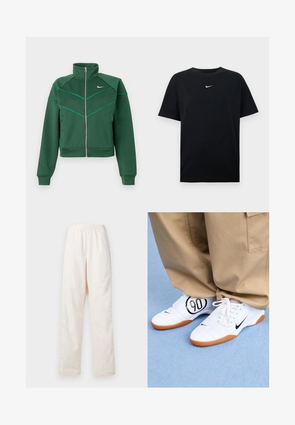 Mørkegrøn Nike zip-up jakke med høj krave, lange ærmer, sidelommer og lys teal pipingdetalje på brystet og skuldrene.; Sort bomulds-T-shirt med rund hals og korte ærmer. Har en lille hvid Nike-logo centreret på brystet. Glat tekstur.; Løse, cremefarvede bukser med elastisk talje og lige ben, vist mod en ensfarvet hvid baggrund.; Hvide atletiske sko med et quiltet design, sort Nike swoosh og et fremtrædende sort "90" grafisk motiv på siden, parret med khaki bukser.