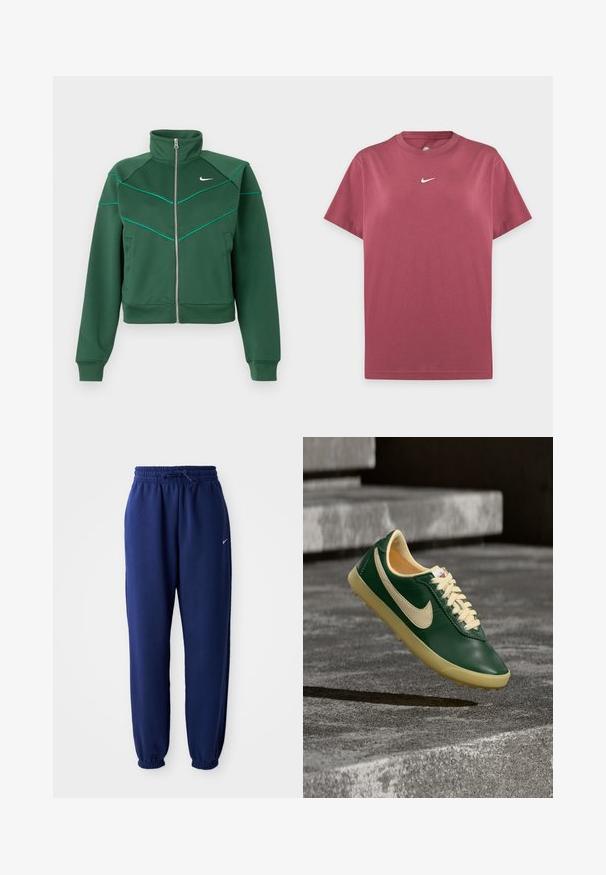 Mørkegrøn Nike zip-up jakke med høj krave, lange ærmer, sidelommer og lys teal pipingdetalje på brystet og skuldrene.; Enkelt vinrødt Nike T-shirt med korte ærmer, rund hals og lille hvid Nike swoosh-logo centreret på brystet.; Mørkeblå sweatpants lavet af blødt stof, med elastisk talje med snøre, elastiske manchetter og et lille hvidt logo.; Grøn og beige Nike-sneaker i luften over teksturerede betontrin, der viser sidevinkel med synlige snørebånd og logo.