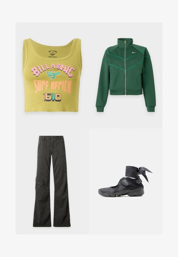 Chaqueta Nike de color verde oscuro con cremallera, cuello alto, mangas largas, bolsillos laterales y detalle de ribete en color azul claro en el pecho y los hombros.; Top corto verde con texto en rosa, naranja y multicolores que dice "Billabong Surf Africa 1640" y un pequeño logo en el centro del frente.; Pantalones gris oscuro de pierna ancha con bolsillos delanteros y laterales con solapa, trabillas para cinturón y cierre de botón en la cintura sobre un fondo liso.; Zapatilla deportiva negra con aberturas, correas de velcro y envoltura en el tobillo atada en un lazo, vista lateral sobre un fondo blanco.