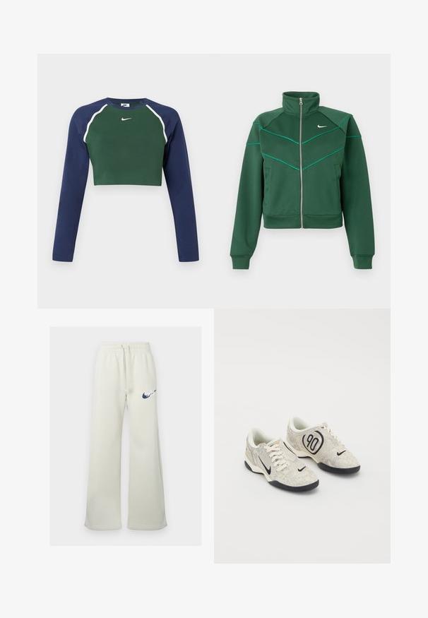 Σκούρο πράσινο φούτερ Nike με φερμουάρ, ψηλό γιακά, μακριά μανίκια, πλαϊνές τσέπες και ανοιχτό τιρκουάζ λεπτομέρειες στην περιοχή του στήθους και στους ώμους.; Μακρυμάνικο cropped φούτερ με σκούρο πράσινο μπροστινό μέρος, ναυτικό μπλε μανίκια, λευκή ρίγα και λευκό λογότυπο Nike στο στήθος.; Κρεμ παντελόνι φόρμας από βαμβακερό μείγμα, με χαλαρή εφαρμογή, ελαστική μέση με κορδόνι και μπλε λογότυπο Nike μπροστά.; Nike αθλητικά παπούτσια με μπεζ και γκρί υφή, μαύρες λεπτομέρειες, μεγάλο λογότυπο "90" και λευκό κορδόνι. Μαύρη σόλα.