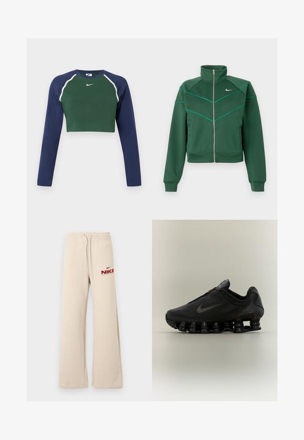 Σκούρο πράσινο φούτερ Nike με φερμουάρ, ψηλό γιακά, μακριά μανίκια, πλαϊνές τσέπες και ανοιχτό τιρκουάζ λεπτομέρειες στην περιοχή του στήθους και στους ώμους.; Μακρυμάνικο cropped φούτερ με σκούρο πράσινο μπροστινό μέρος, ναυτικό μπλε μανίκια, λευκή ρίγα και λευκό λογότυπο Nike στο στήθος.; Χαλαρό μπεζ παντελόνι φόρμας με ελαστική μέση και κορδόνια, με το λογότυπο Nike Athletic Club σε κόκκινο και μαύρο στο αριστερό μηρό.; Μαύρο αθλητικό παπούτσι Nike με φερμουάρ στο πάνω μέρος και χαρακτηριστική σόλα με τμηματικές ελαστικές άνοιξη, παρουσιάζεται σε πλάγια όψη πάνω σε ουδέτερο φόντο.