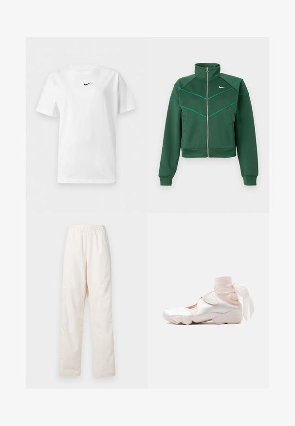 Σκούρο πράσινο φούτερ Nike με φερμουάρ, ψηλό γιακά, μακριά μανίκια, πλαϊνές τσέπες και ανοιχτό τιρκουάζ λεπτομέρειες στην περιοχή του στήθους και στους ώμους.; Λευκό T-shirt με κοντά μανίκια και στρογγυλή λαιμόκοψη, με μικρό μαύρο λογότυπο Nike Swoosh τοποθετημένο στο κέντρο κοντά στο γιακά.; Φαρδιά κρεμ παντελόνια με ελαστική μέση και ίσια γραμμή, παρουσιάζονται σε απλό λευκό φόντο.; Άσπρο και ανοιχτό ροζ αθλητικό παπούτσι με απαλό υφασμάτινο γυροσκοπικό δέσιμο στον αστράγαλο δεμένο σε φιόγκο, με ρυθμιζόμενο λουράκι και στρογγυλεμένη σόλα.