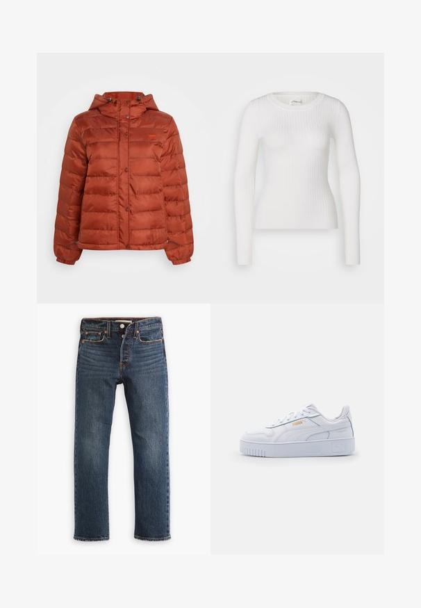Rustrød pufferjakke med hætte, trykknapper foran og elastiske manchetter, designet til koldt vejr.; Hvid langærmet ribbet top med en rund halsudskæring. Stoffet er glat og har en subtil tekstur samt en tætsiddende design. Ingen synlige detaljer eller mønstre.; Mørkeblå denimjeans med lige ben. Har forlommer, knaplukning og synlige syningsdetaljer. Slidt look.; Hvide lædersneakers med en kraftig sål, der har en glat overflade, minimalistisk design, side-striber og en lille logo detalje.