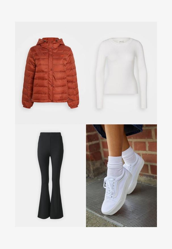 Rustrød pufferjakke med hætte, trykknapper foran og elastiske manchetter, designet til koldt vejr.; Hvid langærmet ribbet top med en rund halsudskæring. Stoffet er glat og har en subtil tekstur samt en tætsiddende design. Ingen synlige detaljer eller mønstre.; Sorte buks med flared design lavet af strækbart stof. Har en høj talje og et glat, tætsiddende design, der flared ud fra knæet og ned.; Hvide lærreds sneakers med gummisåler, der har seks snørehuller, rund tå og let sømdetaljer, krydret med hvide ankelstrømper.