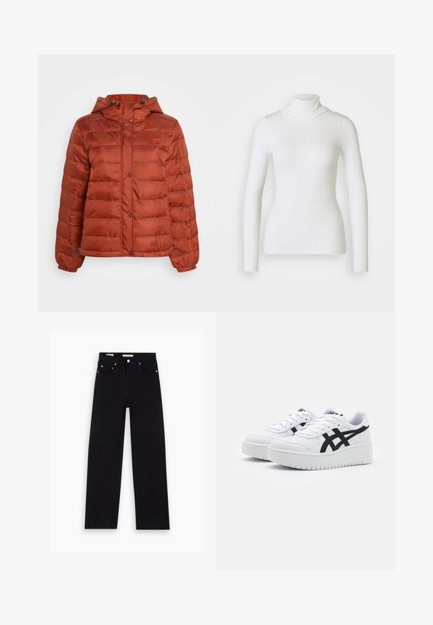 Rustrød pufferjakke med hætte, trykknapper foran og elastiske manchetter, designet til koldt vejr.; Hvid ribbet turtleneck sweater med lange ærmer, der har en tætsiddende design og blød tekstur. Flad krave og sømløst udseende.; Sorte denim jeans med lige pasform, fem lommer, kobberdetaljer og en glat tekstur. To mærker synlige på taljebåndet.; Hvide sneakers med en struktureret overflade, sorte sidestrek og en tyk hvid sål. Har snørebåndsdesign og logo på tungen.