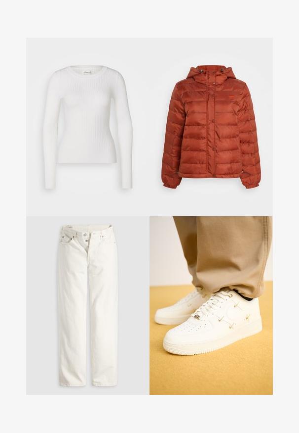 Rustrød pufferjakke med hætte, trykknapper foran og elastiske manchetter, designet til koldt vejr.; Hvid langærmet ribbet top med en rund halsudskæring. Stoffet er glat og har en subtil tekstur samt en tætsiddende design. Ingen synlige detaljer eller mønstre.; Hvide jeans med høj talje, lige ben, knaplukning, lommer foran og bagpå samt synlige kobbernitter i lommekanterne.; Hvide lædersneakers med perforeret tå, gyldne accenter og flade snørebånd, parret med beige bukser på en struktureret gul overflade.
