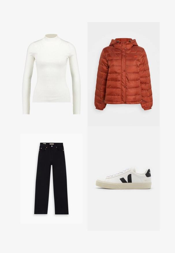 Chaqueta de abrigo color óxido con capucha, botones a presión en el frente y puños elásticos, diseñada para el clima frío.; Top de cuello alto de manga larga blanco con textura acanalada, de diseño ajustado y superficie suave, que presenta un escote alto y una silueta esbelta.; Jeans de mezclilla negros con corte recto, cinco bolsillos, herrajes de cobre y una textura suave. Dos etiquetas visibles en la cinturilla.; Zapatilla de cuero blanca con logo V de goma negra. Suela texturizada en blanco roto, cordones blancos y detalle en el talón trasero con el nombre de la marca en negro.
