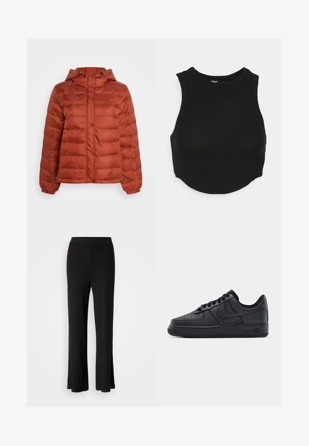 Pufrová bunda v rustovej farbe s kapucňou, patentkami po celej dĺžke a elastickými manžetami, navrhnutá na chladné počasie.; Čierny pletený cropped top s vysokým výstrihom a bezrukávovým dizajnom. Mäkká textúra, priliehavý tvar a mierne zakrivený spodný lem.; Čierne pruhované široké nohavice s hladkým, elastickým pásom a rozšíreným lemom. Textúra látky je jemná a elastická, poskytujúca komfort.; Čierne kožené tenisky s perforovanou špičkou, plochými šnúrami a gumovou podrážkou. Obsahujú malé logo na boku a textúrované detaily.