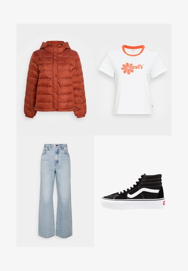 Veste en duvet couleur rouille avec capuche, boutons-pression sur le devant et poignets élastiques, conçue pour les temps froids.; T-shirt en coton blanc avec un col rond orange, arborant un grand motif de fleur orange et le texte "Levi's" imprimé sur le devant.; Jean large en denim bleu clair avec taille haute, design classique à cinq poches et couture contrastante. Détail de ourlet brut en bas.; Baskets montantes noires avec des lacets blancs, un logo blanc et des coutures blanches contrastées. Dotées d'une épaisse semelle blanche et d'un dessus en daim texturé.