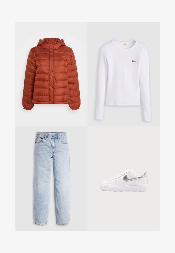 Rustrød pufferjakke med hætte, trykknapper foran og elastiske manchetter, designet til koldt vejr.; Hvid Levi's langærmet skjorte med rund halsudskæring og lille rødt Levi's-logo på venstre bryst, vist på en ensfarvet baggrund.; Lyseblå denimjeans med høj talje, afslappet pasform, lige ben og et klassisk design med fem lommer. Synlige falmede detaljer og syninger.; Hvid lavtopet sneaker med metallisk sølv Nike swoosh og hvide snørebånd på en ensfarvet lysegrå baggrund.
