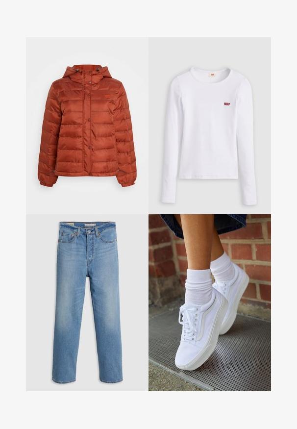 Chaqueta de abrigo color óxido con capucha, botones a presión en el frente y puños elásticos, diseñada para el clima frío.; Camiseta blanca de manga larga Levi's con cuello redondo y pequeño logo rojo de Levi's en el pecho izquierdo, presentada sobre un fondo liso.; Jeans de mezclilla azul claro de pierna recta con bolsillos frontales, lazos para cinturón y cierre de botón sobre un fondo liso.; Zapatillas de lona blancas con suelas de goma, que presentan seis ojales, puntera redonda y detalles de costura ligera, combinadas con calcetines blancos hasta el tobillo.