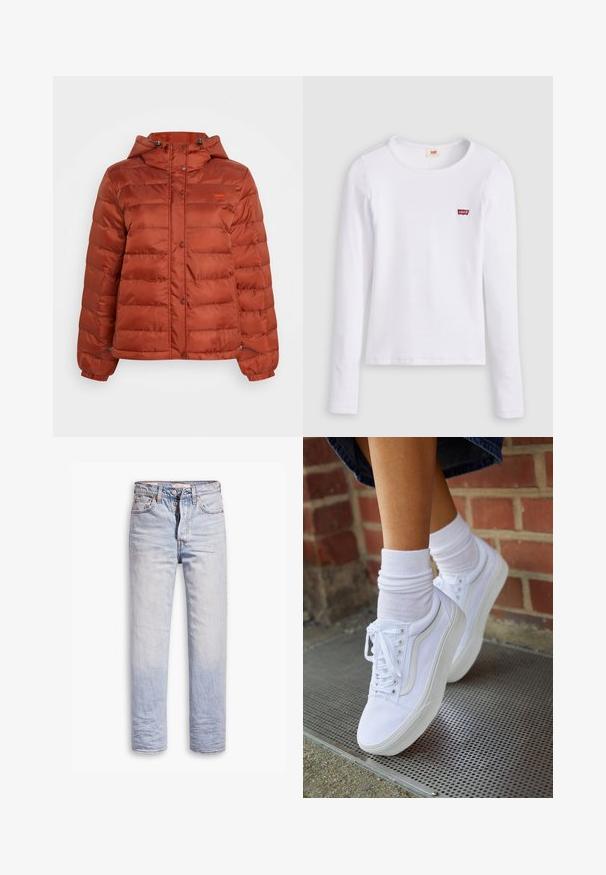 Rustrød pufferjakke med hætte, trykknapper foran og elastiske manchetter, designet til koldt vejr.; Hvid Levi's langærmet skjorte med rund halsudskæring og lille rødt Levi's-logo på venstre bryst, vist på en ensfarvet baggrund.; Lyseblå denimjeans med lige ben, der har en knaplukning, fem lommer og en diskret falmning langs benene.; Hvide lærreds sneakers med gummisåler, der har seks snørehuller, rund tå og let sømdetaljer, krydret med hvide ankelstrømper.