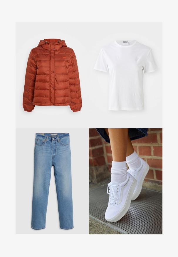 Puffjacke in rostfarben mit Kapuze, Druckknöpfen auf der Vorderseite und elastischen Bündchen, geeignet für kaltes Wetter.; Weißes T-Shirt mit kurzen Ärmeln aus weichem Material. Hat einen runden Halsausschnitt und einen geraden Schnitt, mit einem Etikett am inneren Kragen.; Hellblaue gerade geschnittene Jeans aus Denim mit Fronttaschen, Gürtelschlaufen und einem Knopfverschluss auf einem schlichten Hintergrund.; Weiße Leinensneaker mit Gummisohlen, ausgestattet mit sechs Ösen, runder Zehenpartie und dezenten Nähten, kombiniert mit weißen Knöchelsocken.
