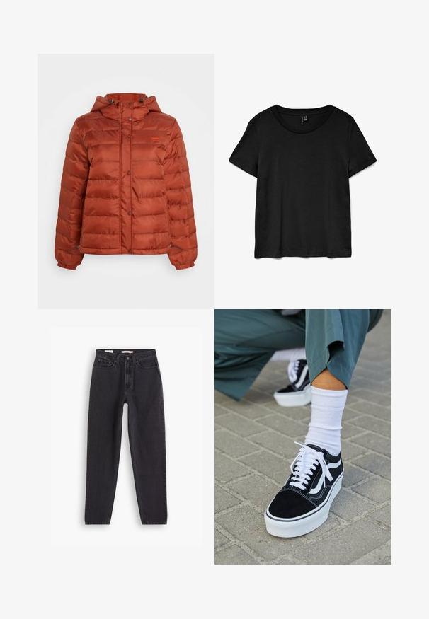 Roodbruine gewatteerde jas met capuchon, drukknoopsluiting aan de voorkant en elastische manchetten, ontworpen voor koud weer.; Zwarte t-shirt met korte mouwen, gemaakt van zachte stof. Heeft een klassieke ronde hals en een relaxte pasvorm met een rechte onderkant.; Zwarte denim jeans met een straight-leg ontwerp, voorzien van vijf zakken, sluiting met een knoop aan de voorkant en gestikte details langs de naden.; Zwarte suède sneaker met witte accenten en veters, uitgerust met een dikke witte zool en contrasterende stiksels, gecombineerd met een witte sok.