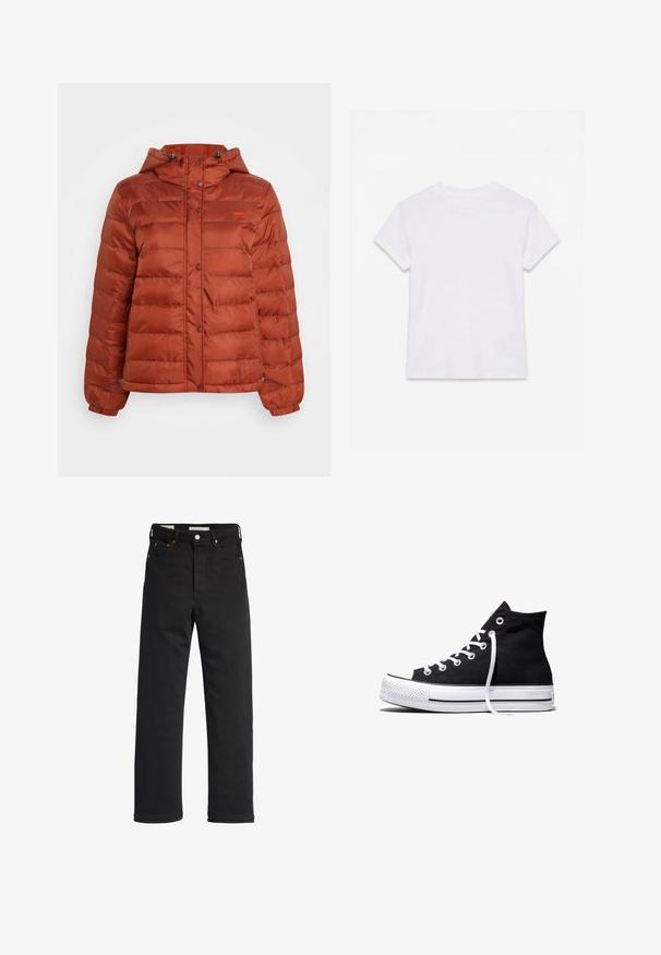 Veste en duvet couleur rouille avec capuche, boutons-pression sur le devant et poignets élastiques, conçue pour les temps froids.; T-shirt en coton blanc uni à manches courtes et col rond, étalé à plat sur un fond blanc.; Jean en denim noir avec une coupe droite, présentant une taille haute, un design à cinq poches, une fermeture à bouton en métal et des détails de couture minimalistes.; Baskets montantes en toile noire avec semelle en caoutchouc blanche et lacets blancs, vues de côté sur un fond blanc.