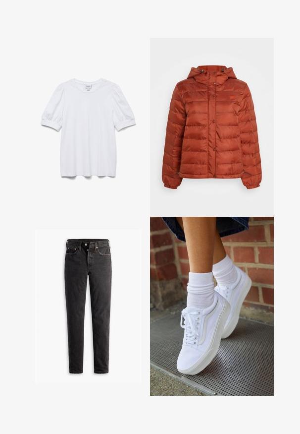 Chaqueta de abrigo color óxido con capucha, botones a presión en el frente y puños elásticos, diseñada para el clima frío.; Top blanco de manga corta con cuello redondo y mangas abullonadas. Hecho de una tela suave, presenta una etiqueta con la frase "AWARE".; Jeans de denim negro con corte recto, que cuentan con cinco bolsillos, herrajes de cobre y una textura ligeramente deslavada.; Zapatillas de lona blancas con suelas de goma, que presentan seis ojales, puntera redonda y detalles de costura ligera, combinadas con calcetines blancos hasta el tobillo.