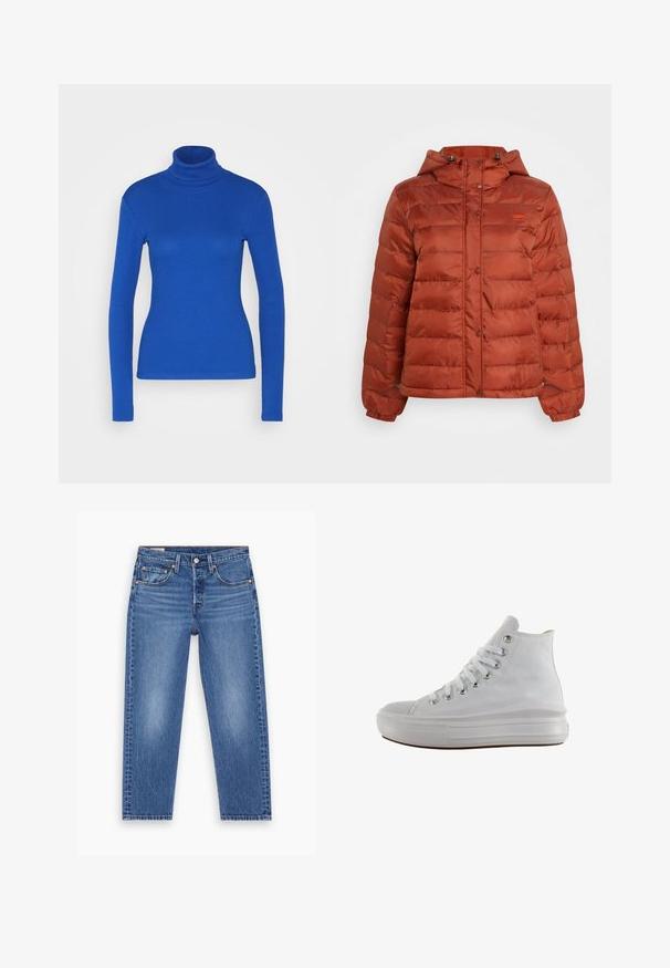 Rustrød pufferjakke med hætte, trykknapper foran og elastiske manchetter, designet til koldt vejr.; Blå langærmet turtleneck top lavet af ribbet materiale, med en tætsiddende silhuet og glat tekstur. Ingen yderligere detaljer til stede.; Blå højtaljede lige ben jeans med frontknap, lynlås og fem-lomme design, vist fladt på en hvid baggrund.; Hvid højt canvas sneaksko med hvide snørebånd, metaløjer, tyk gummisål og tekstureret tåhætte, vendt mod venstre på en hvid baggrund.