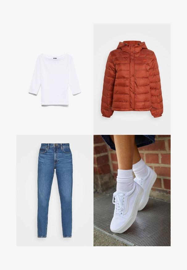 Chaqueta de abrigo color óxido con capucha, botones a presión en el frente y puños elásticos, diseñada para el clima frío.; Camisa blanca de manga tres cuartos hecha de una mezcla de algodón; presenta un amplio escote barco y una textura suave y ligera.; Jeans de mezclilla azul con un corte ajustado, que cuentan con una cintura alta, diseño de cinco bolsillos y un ligero desgaste en toda la tela. Acentos de costura clásica.; Zapatillas de lona blancas con suelas de goma, que presentan seis ojales, puntera redonda y detalles de costura ligera, combinadas con calcetines blancos hasta el tobillo.
