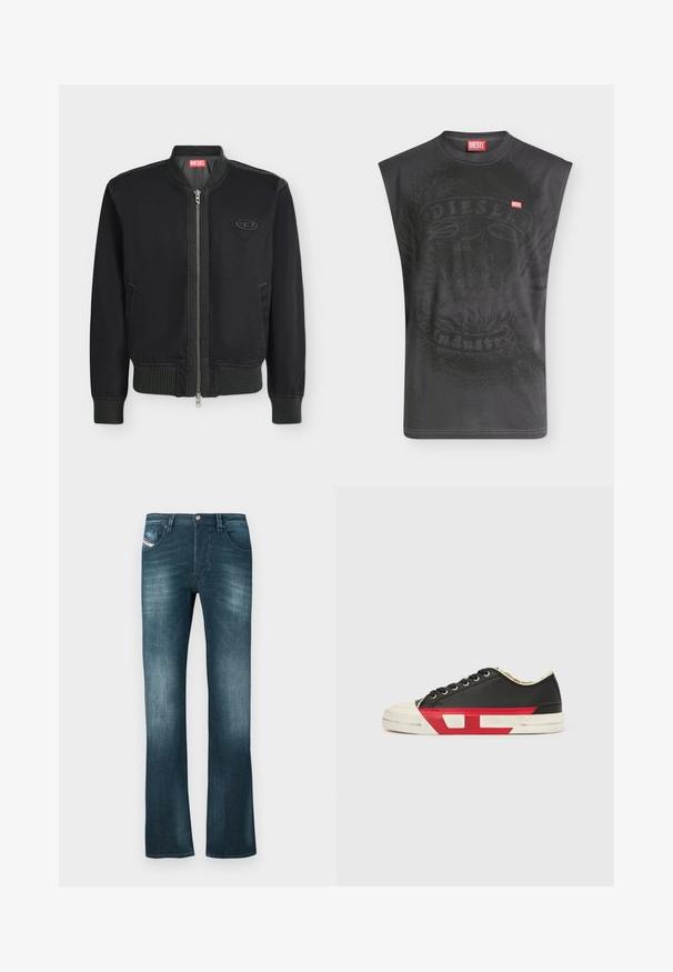 Veste bomber noire avec fermeture éclair à l'avant, col, poignets et taille côtelés, poches latérales et petit écusson logo sur la poitrine.; T-shirt noir sans manches Diesel avec un graphisme subtil d'aigle et un petit patch logo Diesel rouge sur la poitrine.; Jeans en denim bleu foncé avec une légère décoloration, coupe droite, deux poches avant et une petite étiquette de marque sur la poche droite.; Baskets en toile noire avec des accents rouges, un bout en caoutchouc et une semelle blanche. Elles présentent des lacets noirs et un design texturé sur le côté.