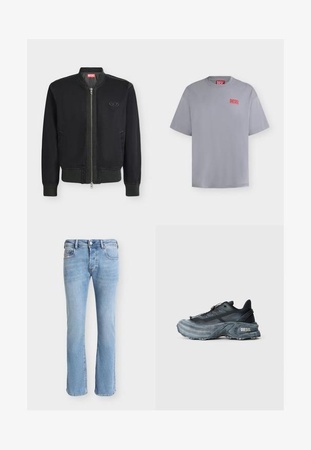 Veste bomber noire avec fermeture éclair à l'avant, col, poignets et taille côtelés, poches latérales et petit écusson logo sur la poitrine.; T-shirt gris clair à manches courtes de la marque Diesel avec un petit logo Diesel rouge sur la poitrine gauche et une étiquette rouge à l'intérieur du col.; Jean droit en denim bleu clair avec poches avant, passants de ceinture, fermeture à boutons et coutures visibles sur un fond uni.; Baskets Diesel noires et grises avec semelle épaisse, système de laçage à bascule et design texturé sur fond gris clair uni.