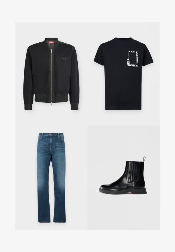 Veste bomber noire avec fermeture éclair à l'avant, col, poignets et taille côtelés, poches latérales et petit écusson logo sur la poitrine.; T-shirt noir à manches courtes avec un texte blanc vertical et horizontal formant un carré sur la poitrine gauche, indiquant "KARL LAGERFELD JEANS".; Jeans en denim bleu moyen avec un effet délavé. Comprend cinq poches, une fermeture à bouton, et une coupe droite. Texture lisse.; Botte en cuir noir mi-mollet avec des panneaux élastiques sur les côtés, bout rond, petit talon bloc et languette. Présente une texture lisse et un design épuré.