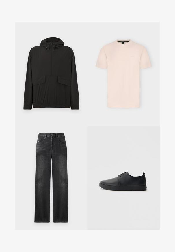 Zwarte waterdichte jas met een capuchon, halve rits aan de voorkant, elastische manchetten en twee zakken aan de voorkant. Soepele textuur en een losse pasvorm.; Lichtbeige T-shirt met korte mouwen en ronde hals, met een subtiel reliëflogo op de borst en een zwart label aan de binnenkant van de kraag.; Zwarte rechte jeans van denim, met vijf zakken, riemlussen en subtiele vervaging op de stof voor textuur.; Zwarte leren sneaker met een gladde afwerking, ronde neus, tonale stiknaden, vetersluiting aan de voorkant en een vlakke rubberen zool. Lussje aan de hak.