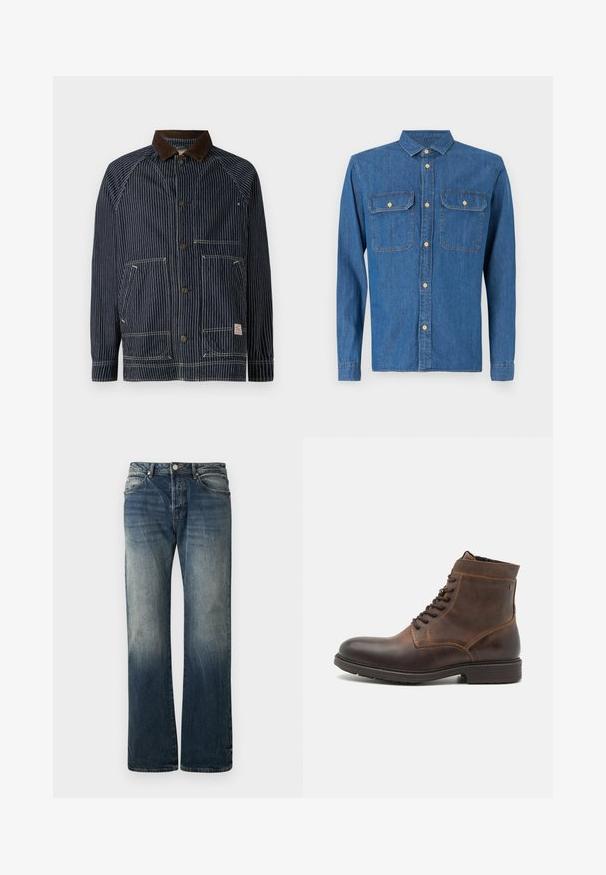 Marineblau gestreifte Arbeitsjacke mit einem braunen Cordkragen, ausgestattet mit zwei vorderen Taschen und Knopfverschlüssen, gefertigt aus strapazierfähigem Stoff.; Dunkelblaue Jeanshemd mit langen Ärmeln und geknöpften Manschetten, spitzem Kragen, zwei Brusttaschen und vorderem Knopfverschluss mit goldenen Beschlägen.; Dunkelblaue weit geschnittene Jeans aus Denim. Mit verblassten Details, traditionellem Fünf-Taschen-Design und einem Metallknopfverschluss an der Taille.; Jack & Jones JFWDELANEY BOOT - Schnürstiefelette - cognac